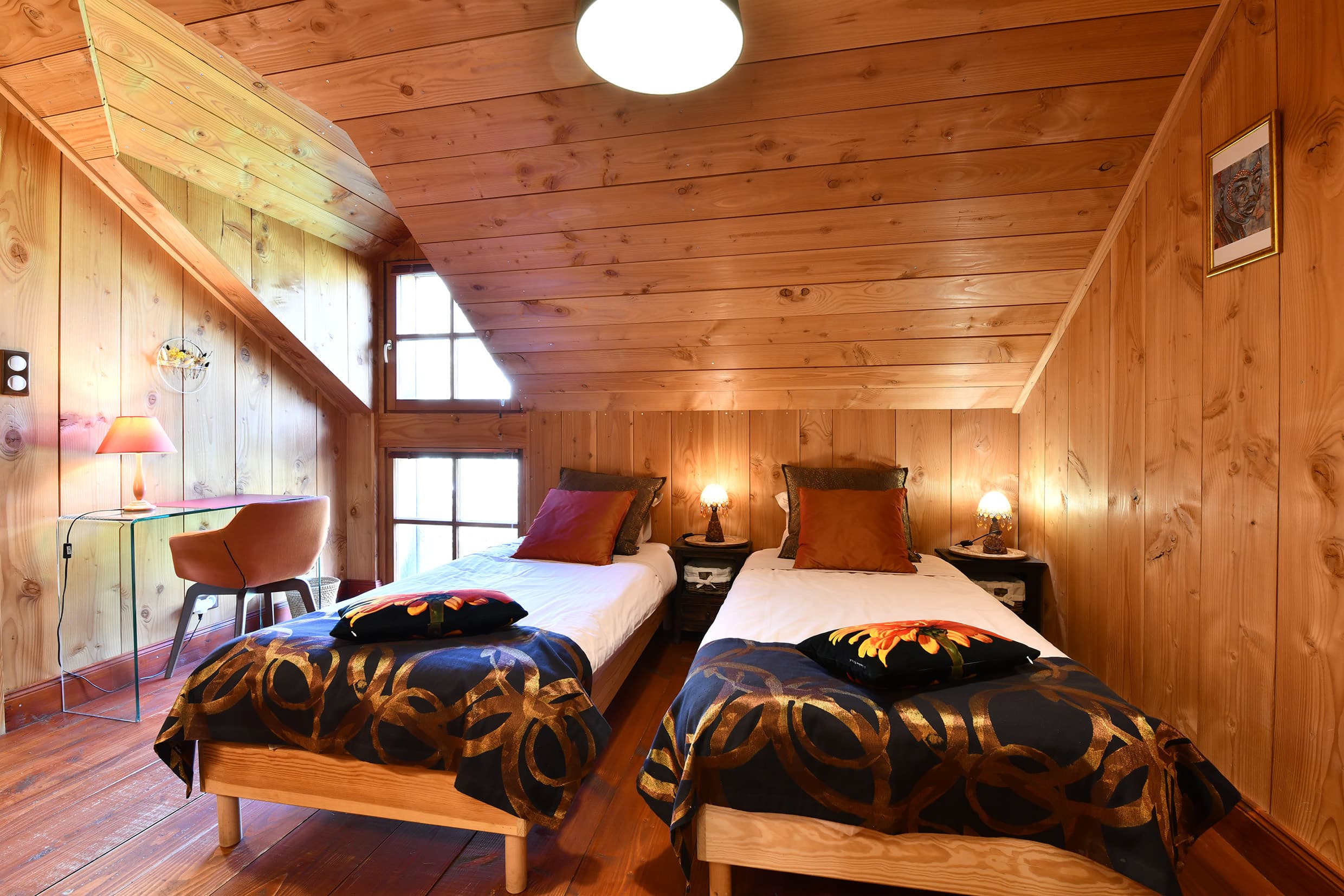 Grange bedroom with double bed and garden view